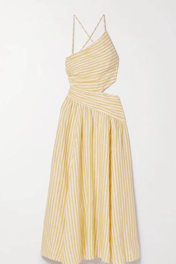 One-Shoulder Halter Stripe Cutout Flare Midi Dress