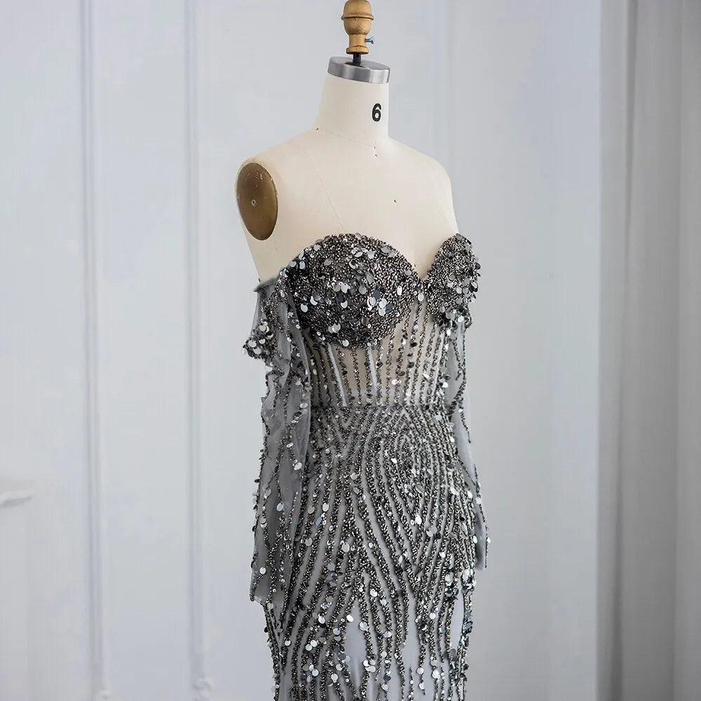 Dreamy Vow Luxury Dubai Gray Mermaid Evening Dress Elegant Off Shoulder Gold Prom Formal Dresses for Women Wedding Party 357