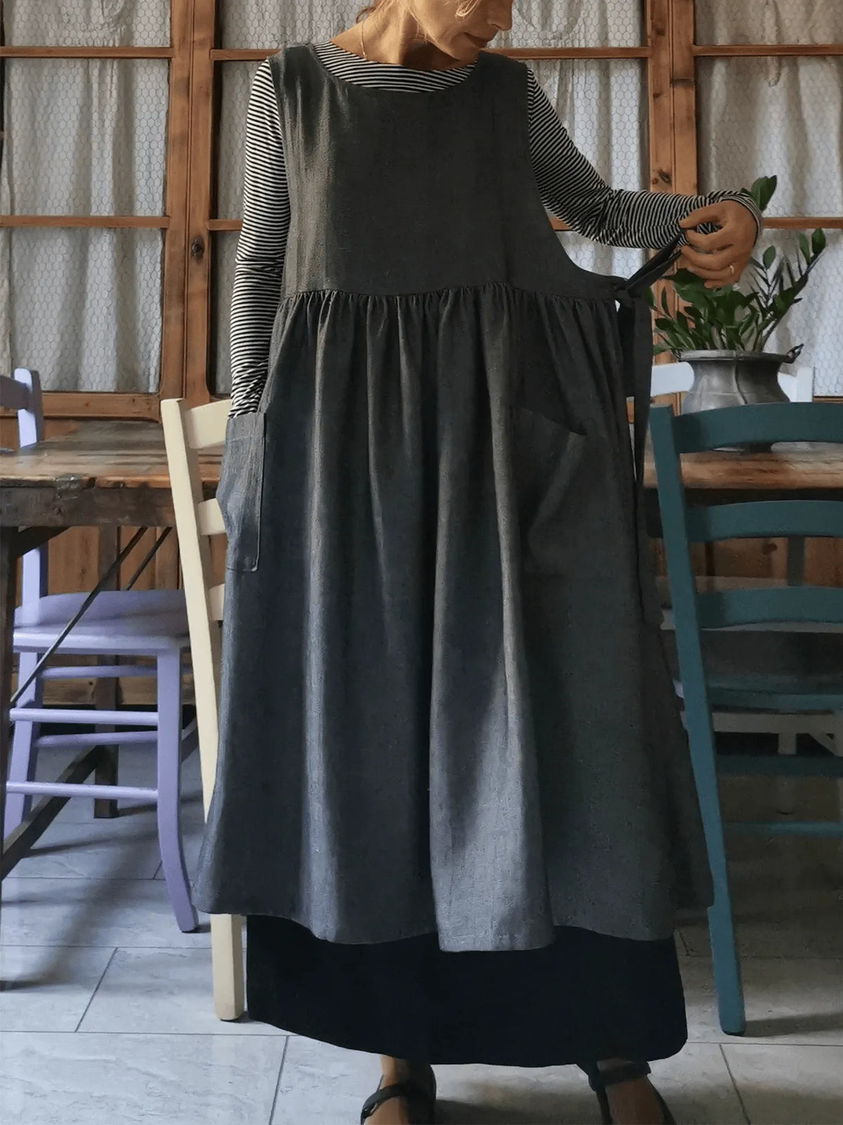 Grey Herringbone  Apron with Pockets