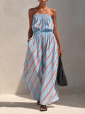 Women's Minimalist Blue & Red Diagonal Stripe Strapless Maxi Dress MDZ2480F6ZRK