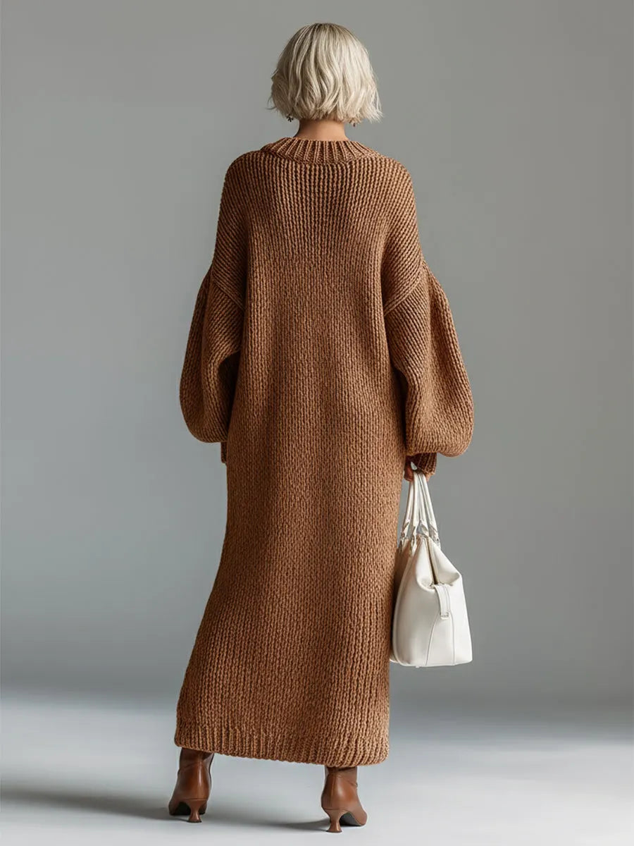 Elegant Urban Silhouette Round Neck Heathered Khaki Knitted Maxi Dress