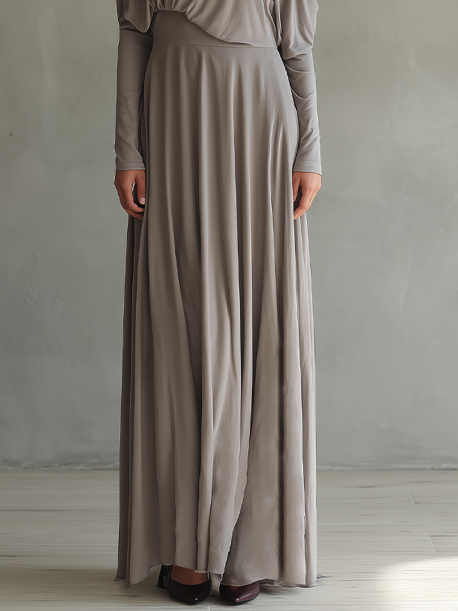 Women's Taupe Soft Modal Maxi Dress With Turtleneck Cold Shoulder Cutout & Draped Waist, Minimalist Elegant Flowy Maxi Dress MDZ2272G8LYL