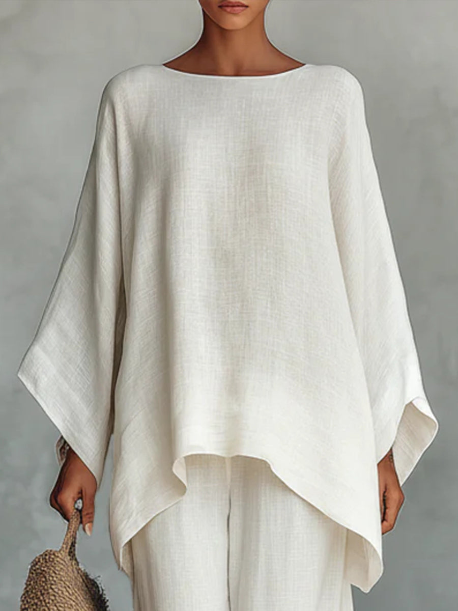 Daily White Round Neck Long Sleeve Wide Leg Casual Asymmetric Hem Two Piece Pant Sets