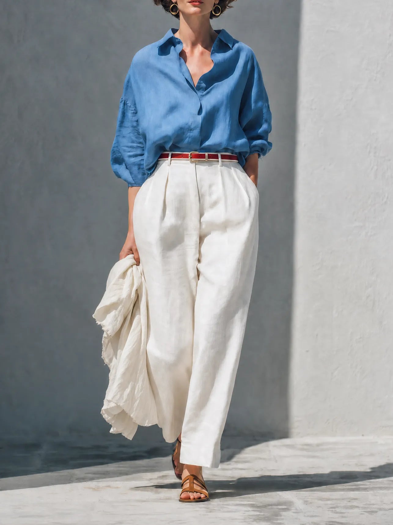Women's Casual Linen Blend Two-Piece Set — Dusty Blue Oversized Collared Long Sleeve Shirt & Ivory High-Waisted Wide-Leg Trousers MDZ0345G8O