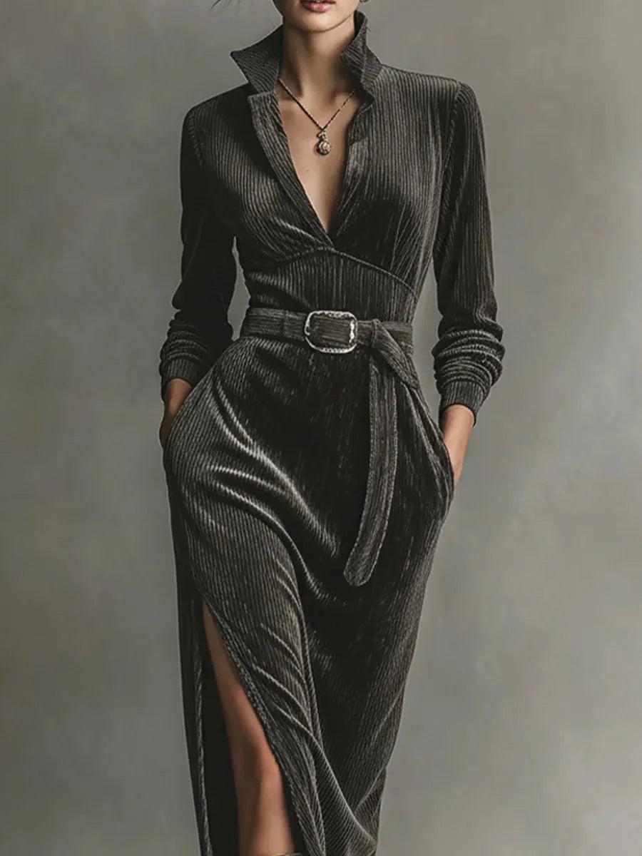 Elegant Corduroy Dress with Tie Neck and Side Slits