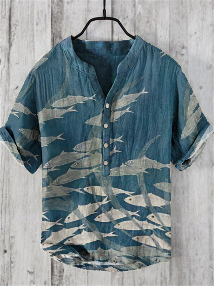 Japanese Fish Art Print Linen Blend Cozy Shirt