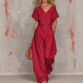 Elegant V-Neck Button-Up Jumpsuit Set with Wide-Leg Pants