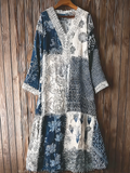Japanese Art Retro Style Lace Patchwork Design V-neck Cotton And Linen Dress
