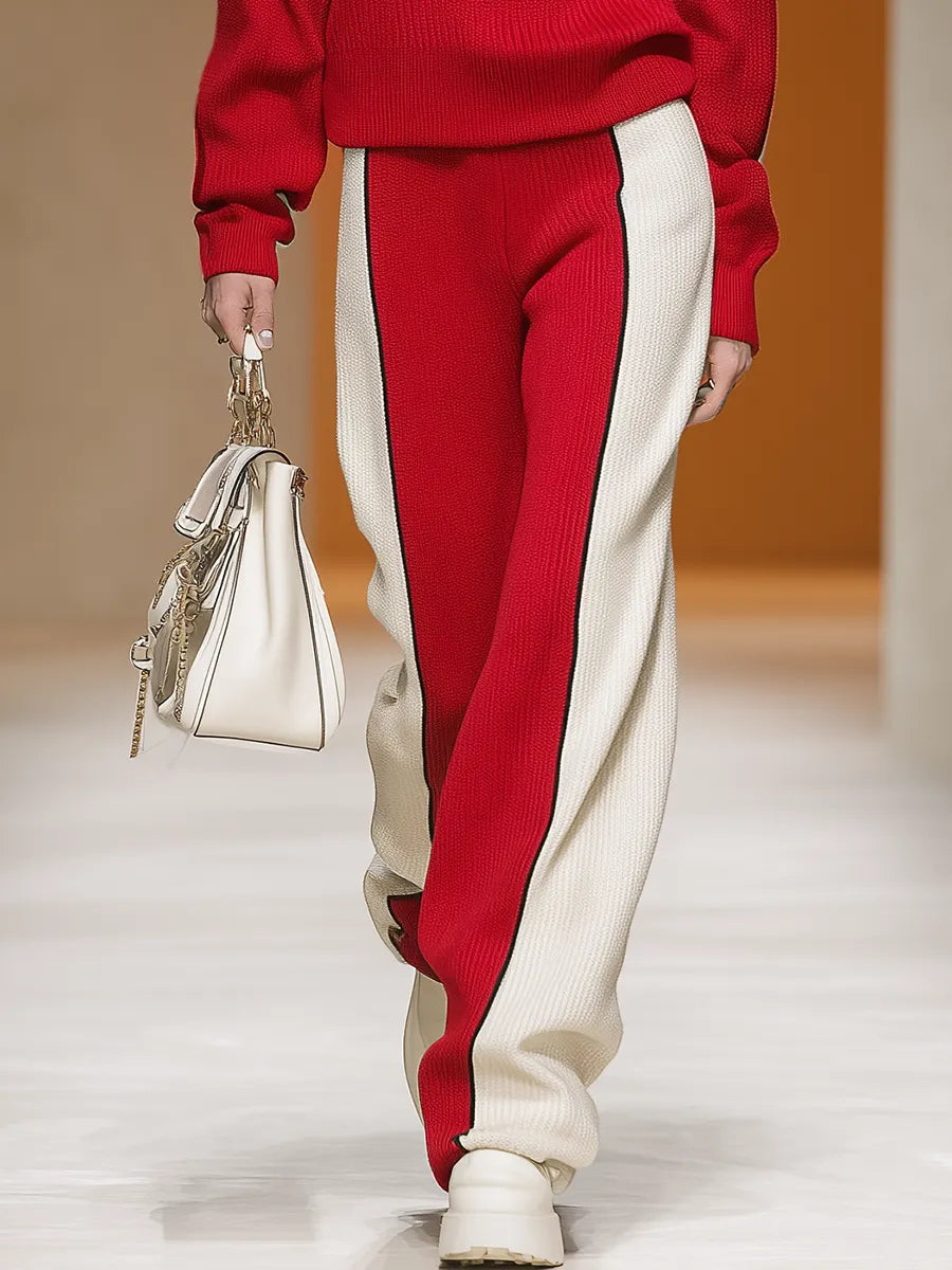 Retro Sports Style Contrast Color Knit Top And Pants Set