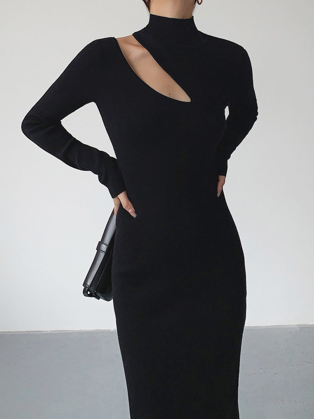 Asymmetrical Cutout Mockneck Knit Midi Dress