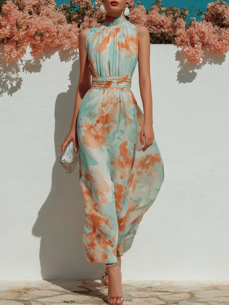Romantic Color-Block Print High-Neck Chiffon Dress