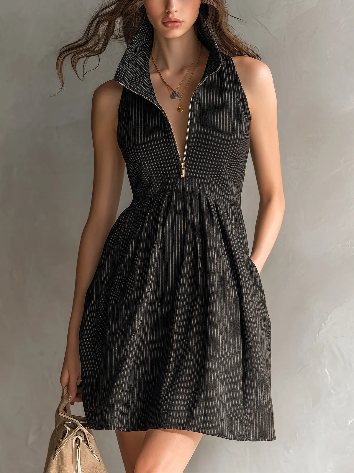 Black Striped Zip-up collar Sleeveless A-line Mini Dress