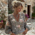 Women's Vintage Pink Floral Embroidered Art V-neck Long Sleeve Blouse