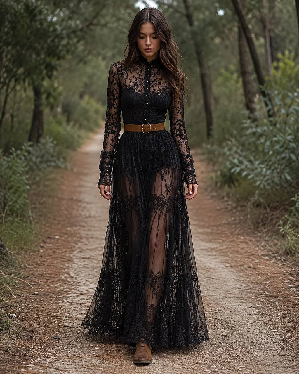 Black Sheer Lace Layered Maxi Dress