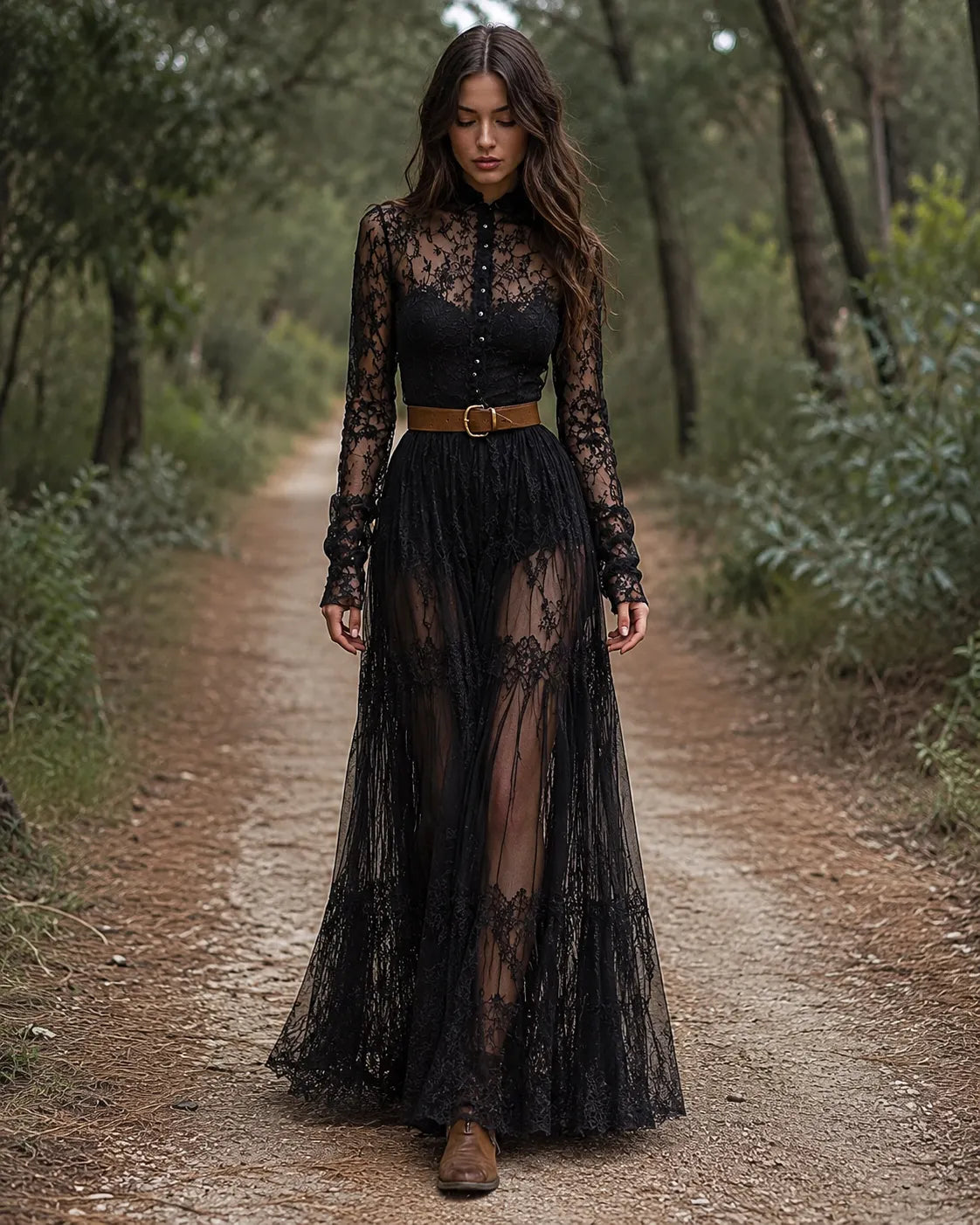 Black Sheer Lace Layered Maxi Dress