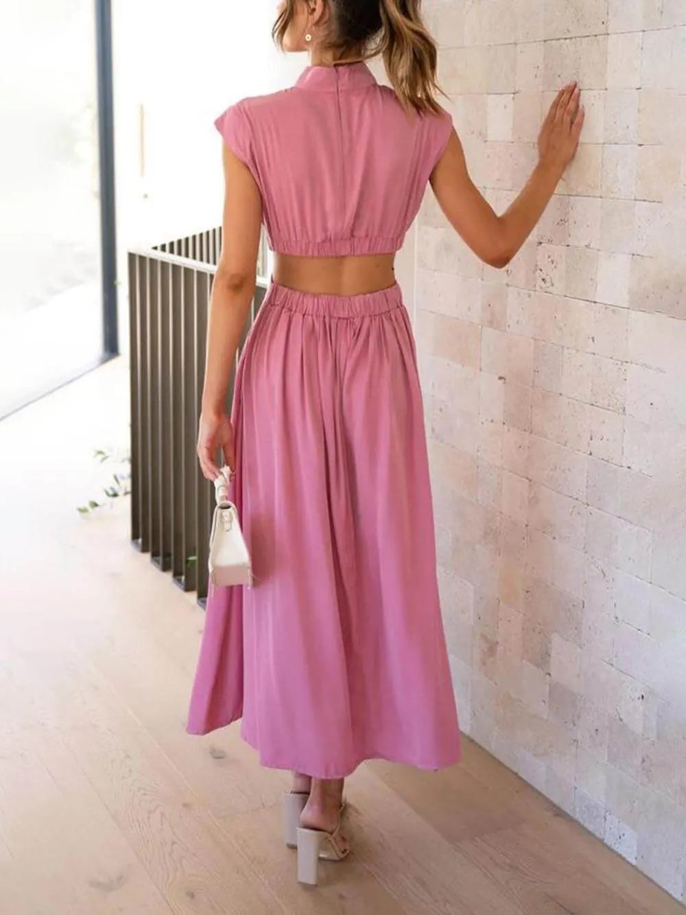 Cutout Waist Pocketed Vacation Midi Dress