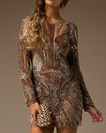 Women's Round Neck Long Sleeve Sequined Mini Dress