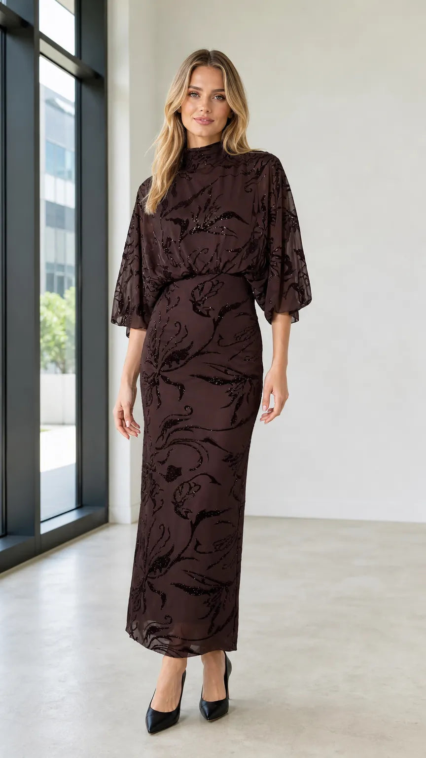 Elegant Mock Neck Sequin Floral Maxi Dress