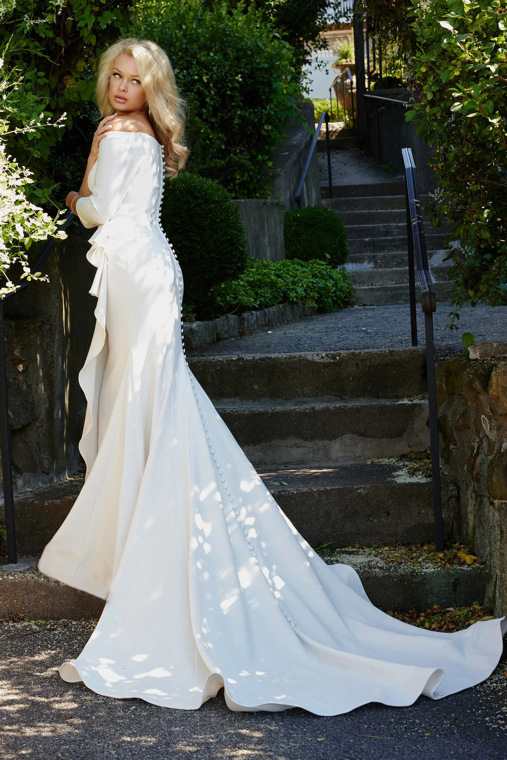 Jovani JB07456 Off white three quarter sleeve sheath wedding dress