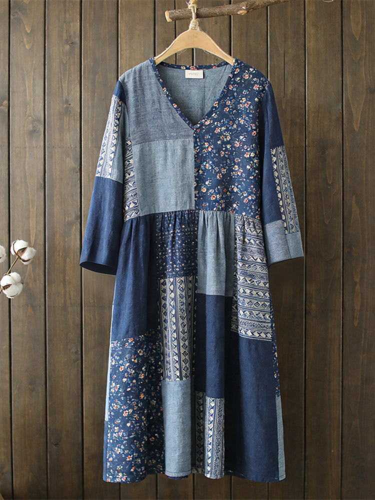 Japanese Vintage Geometric Floral Patchwork Women's Linen Maxi Dress