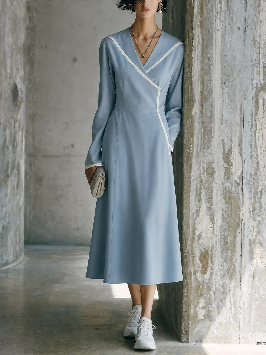Women's Casual Commuting Light Blue Cotton Blend Wrap V Neck Contrast Trim Waisted Long Sleeve Midi Dress MDZ1528G0GMJ