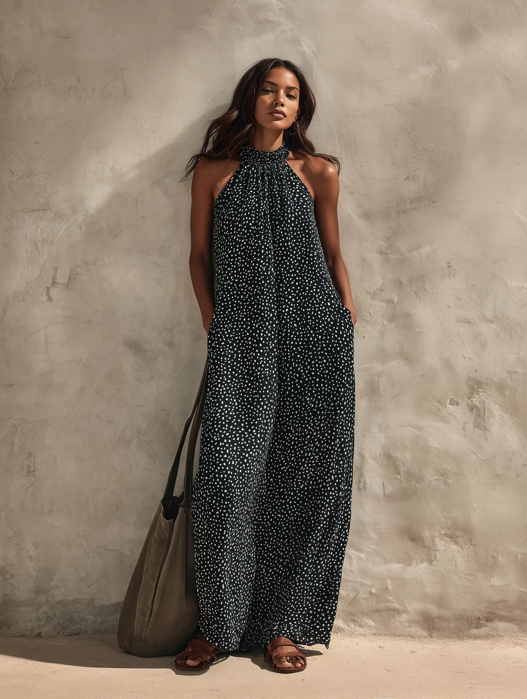 Women's Casual Black And White Sleeveless Maxi Dress With Round Neck And Thick Chiffon Fabric MDZ0126G0LXY