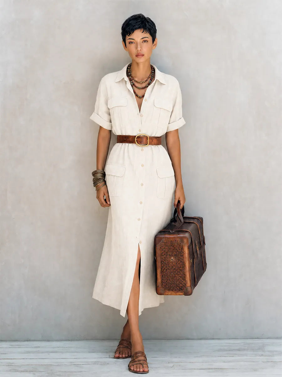Women's Safari Style Natural Linen Blend Collared Short Sleeve Button-Front Belted Utility Midi Shirt Dress MDZ1597G0ZSQ