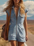 Western Retro Light Blue Denim Multi-Pocket Short-Sleeved Jumpsuit