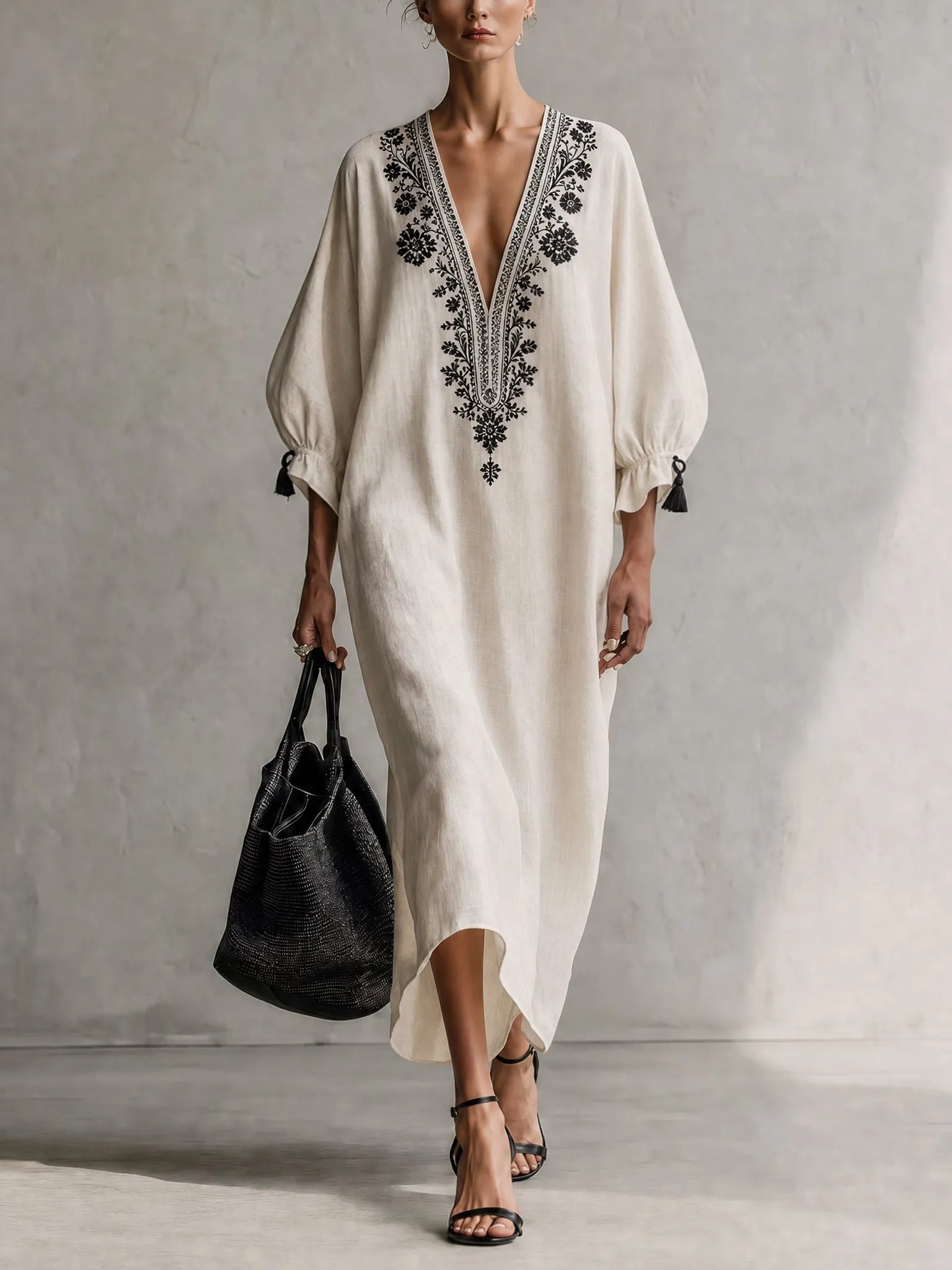 Ivory Embroidered Drawstring Deep V Maxi Dress
