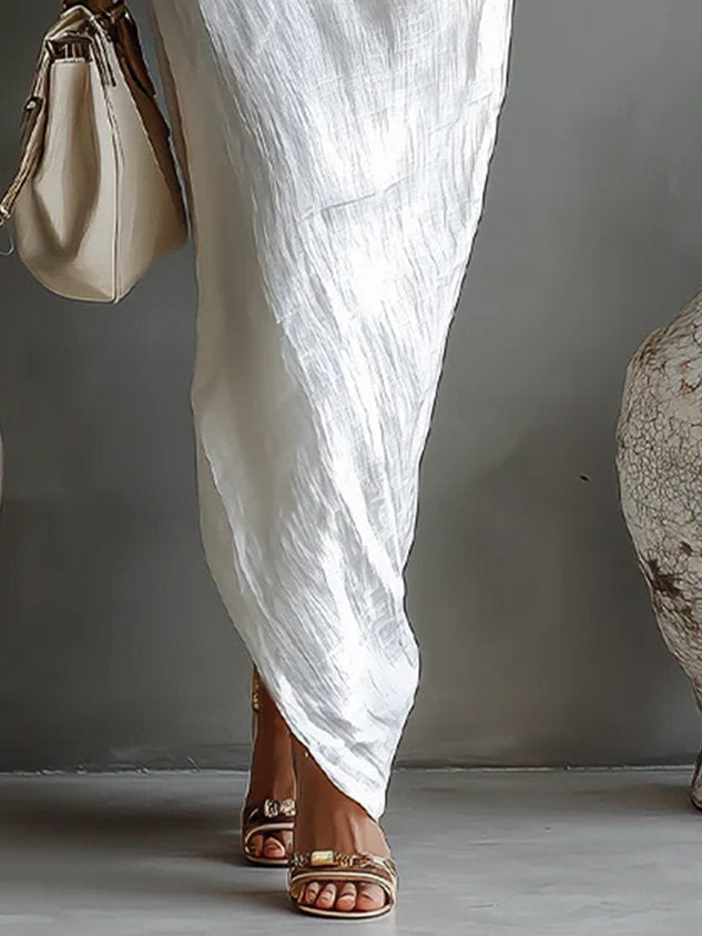 Cotton And Linen Casual Plain Balloon Sleeve Irregular Craftsmanship Maxi Dress