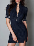 Elegant Striped Lace-trim Zipper Design Short-sleeve Mini Dress