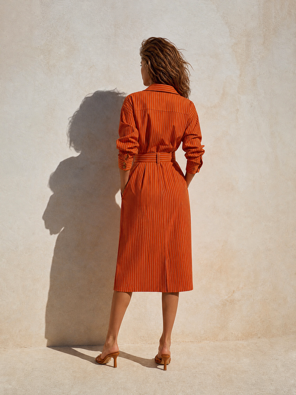 Women's Elegant Casual Orange Striped Collared Long-Sleeve Belted Button-Front Shirt Midi Dress MDZ2223G9CMX
