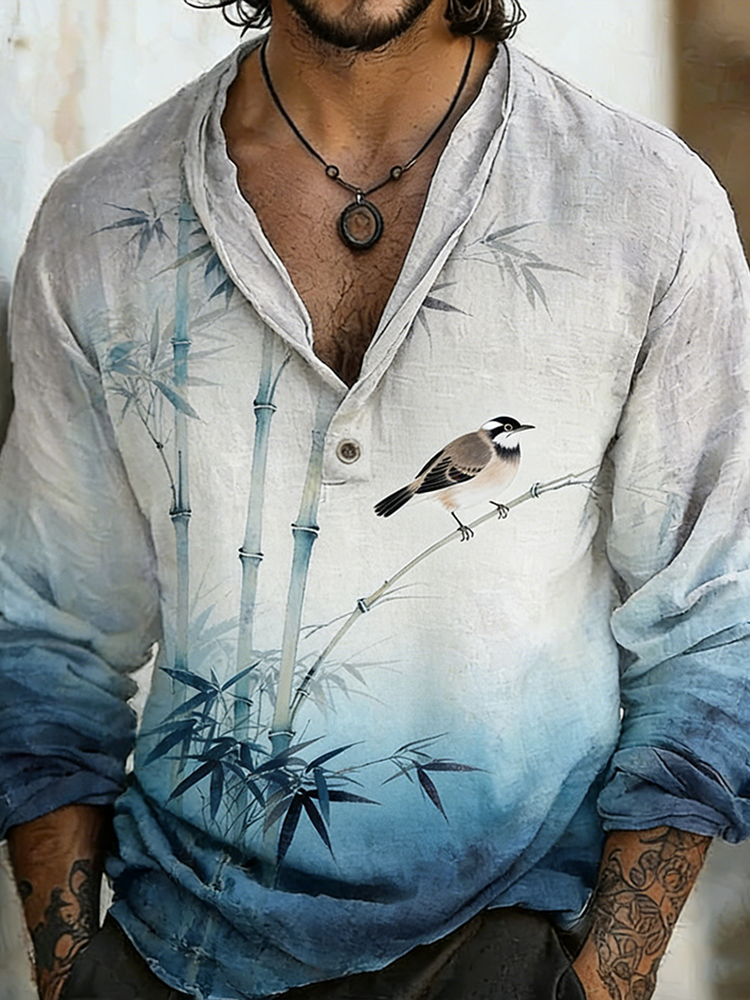 Japanese Art Retro Style Flower And Bird Pattern Men's Shirt