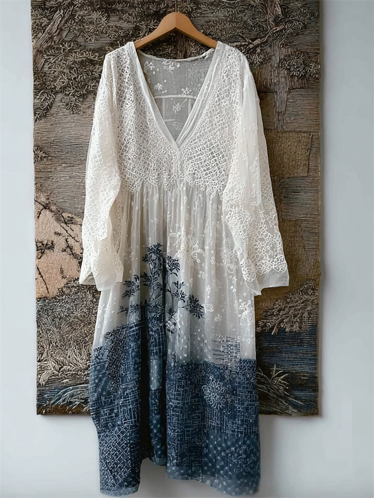 Japanese Floral Sashiko Contrast Lace Flowy Maxi Dress