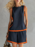 Elegant And Casual Two-tone Trim Dark Blue Cotton And Linen Vest And Shorts Set
