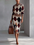 Multicolor Argyle Knit Mock Neck Midi Dress