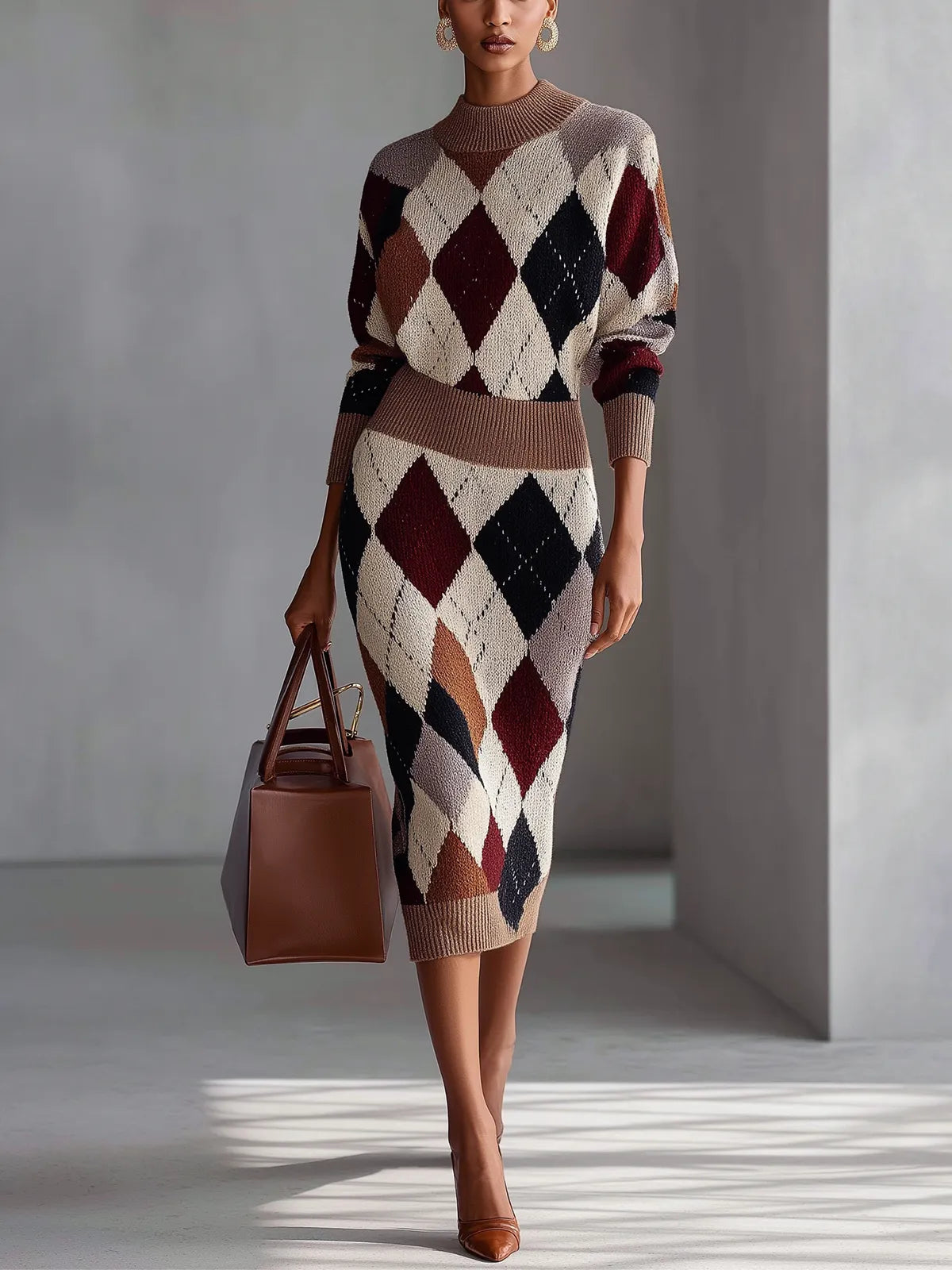 Multicolor Argyle Knit Mock Neck Midi Dress