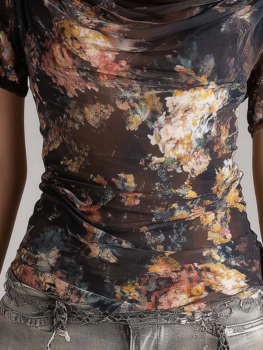 Dark Floral Print Sheer Mesh Off-Shoulder Ruched Top