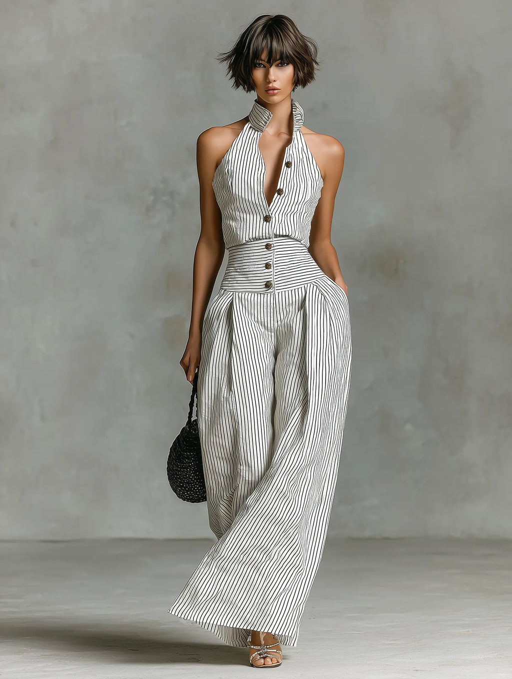 Women's Minimalist Striped Linen Sleeveless Single-Breasted Jumpsuit MDZ1950C7Y