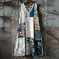 Japanese Art Retro Style Geometric Patchwork Design Lace Patch Women's Cotton And Linen Dress