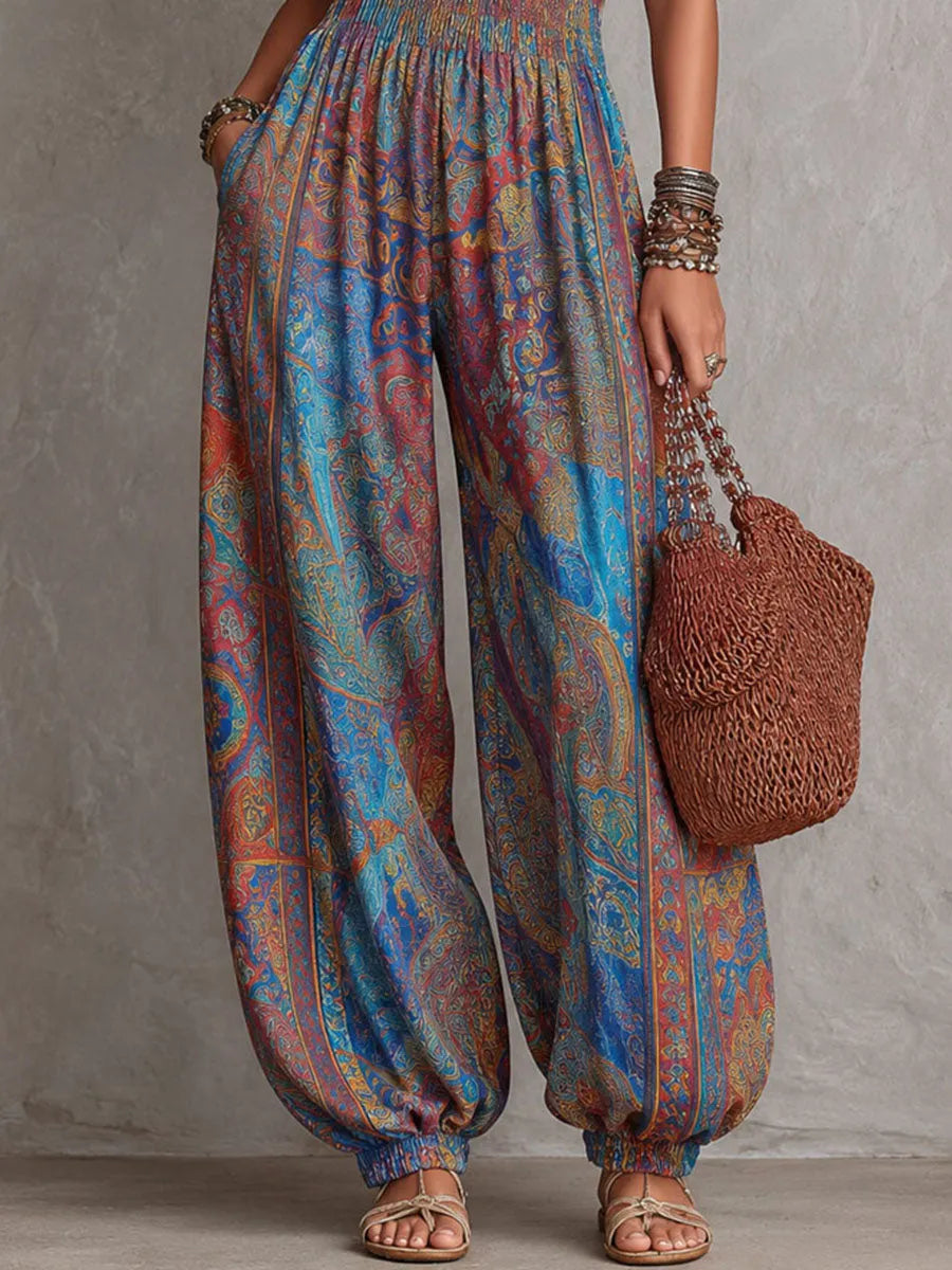 Boho Paisley Print Smocked Bodice Harem Jumpsuit