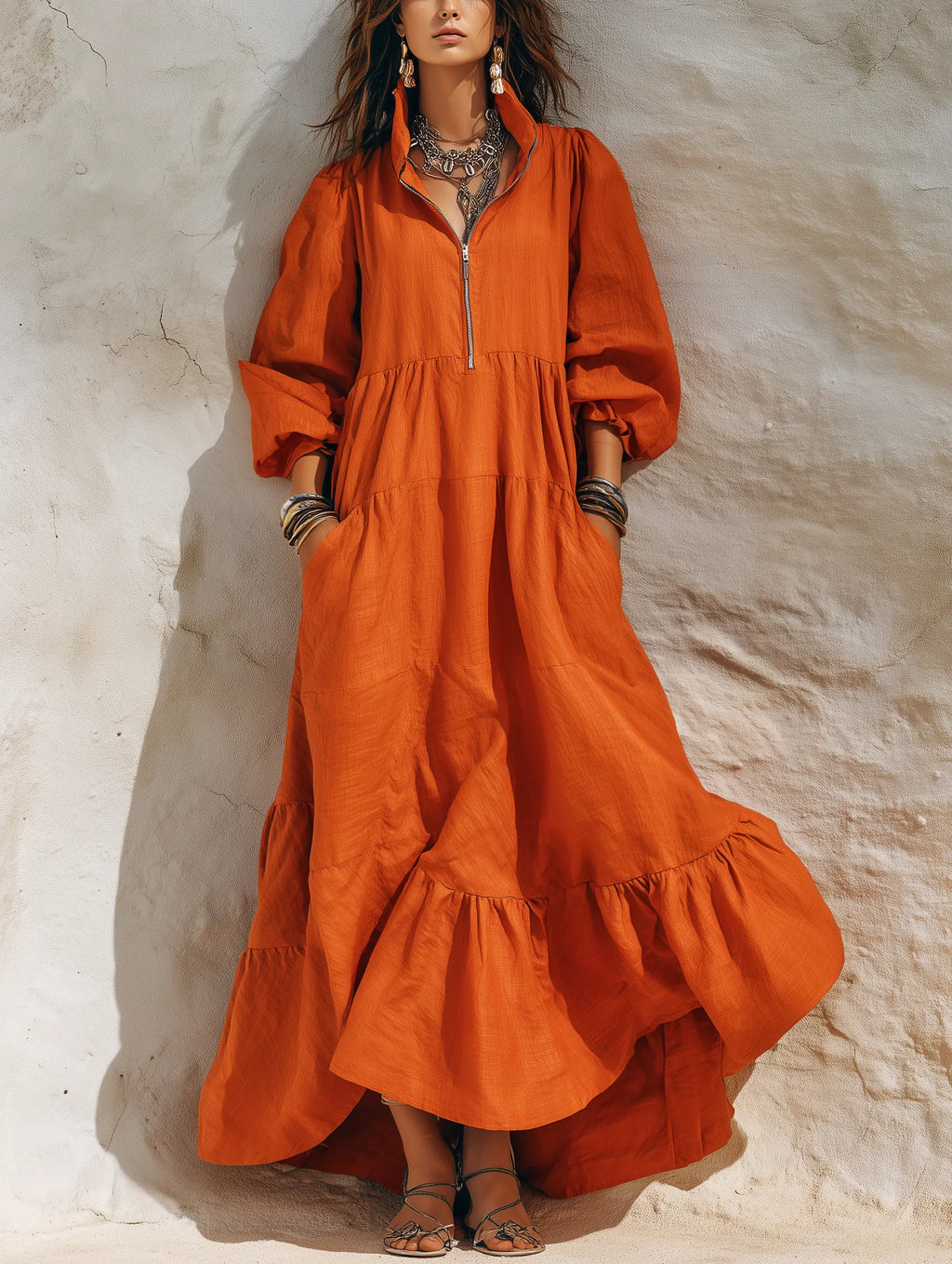 Women's Casual Orange Cotton-Linen Maxi Dress With Half-Zip Collar And Three-Quarter Sleeves MDZ2433G0LXY