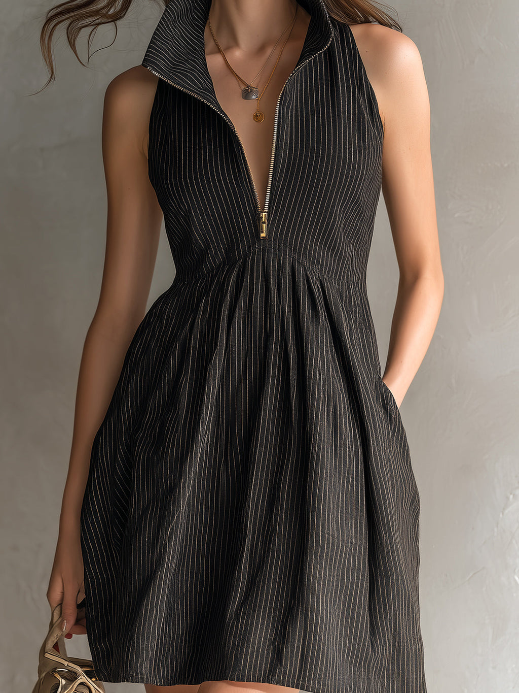 Black Striped Zip-up collar Sleeveless A-line Mini Dress