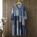 Japanese Vintage Geometric Floral Patchwork Women's Linen Maxi Dress