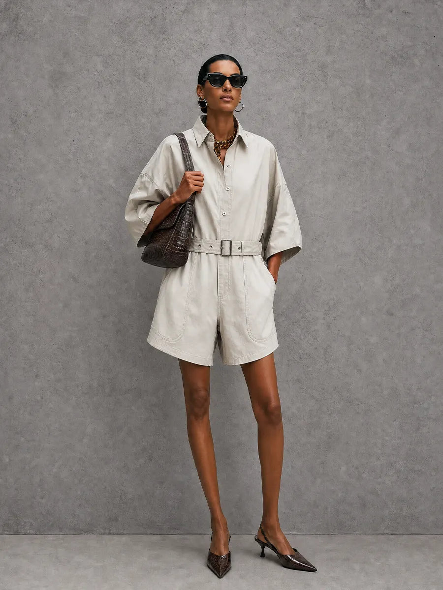 Women's Minimalist Workwear Light Gray Cotton Blend Lapel Belt Waist Loose Short Jumpsuit MDZ0917G3GMJ