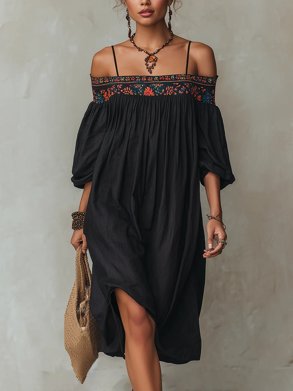 Black Embroidered Patchwork Cotton Linen Spaghetti Strap Midi Dress