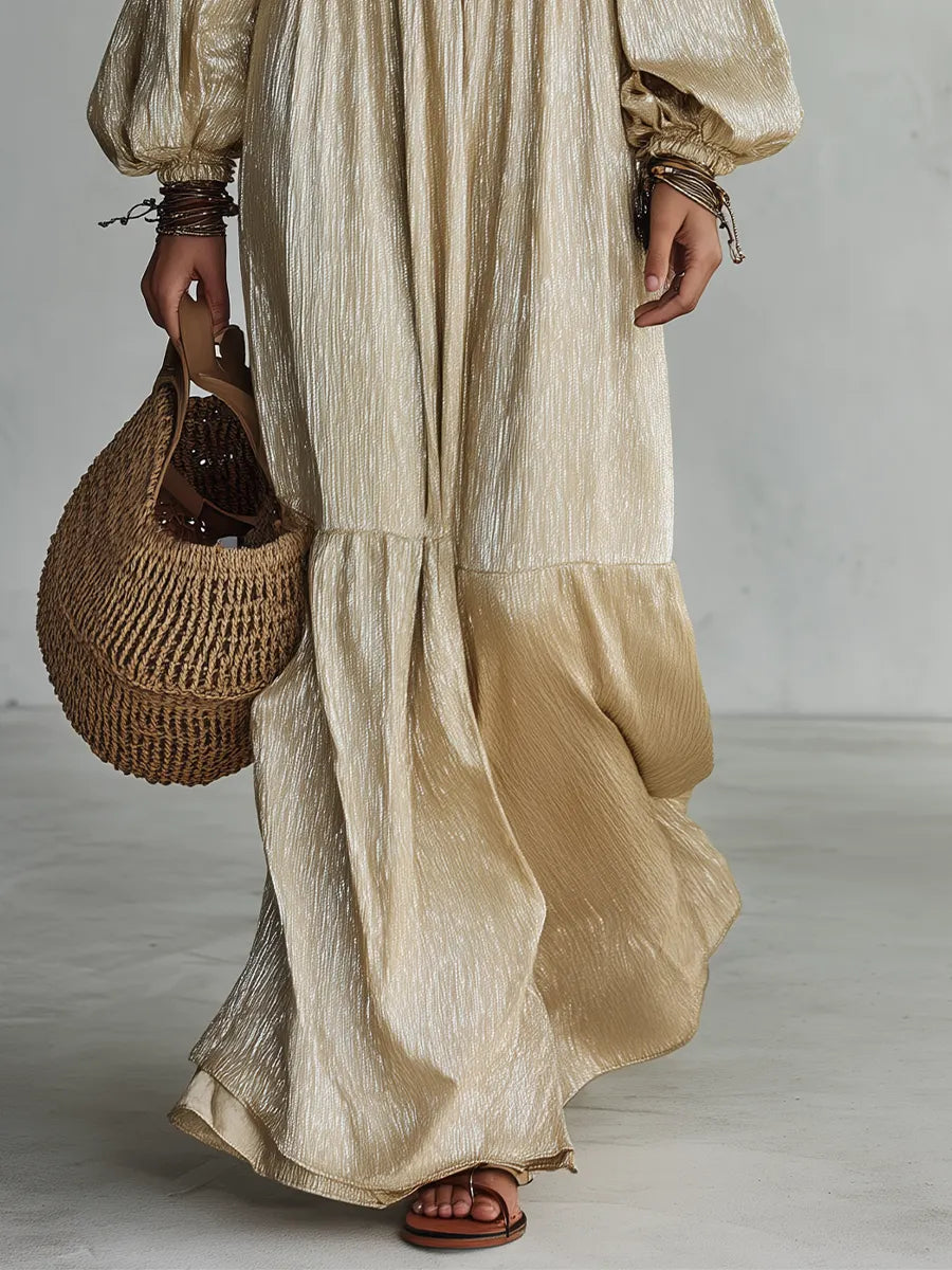 Vacation-to-Dinner Champagne Off Shoulder Maxi Dress