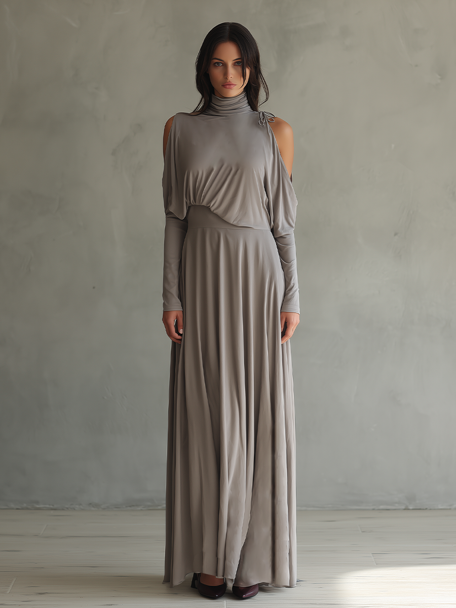 Women's Taupe Soft Modal Maxi Dress With Turtleneck Cold Shoulder Cutout & Draped Waist, Minimalist Elegant Flowy Maxi Dress MDZ2272G8LYL
