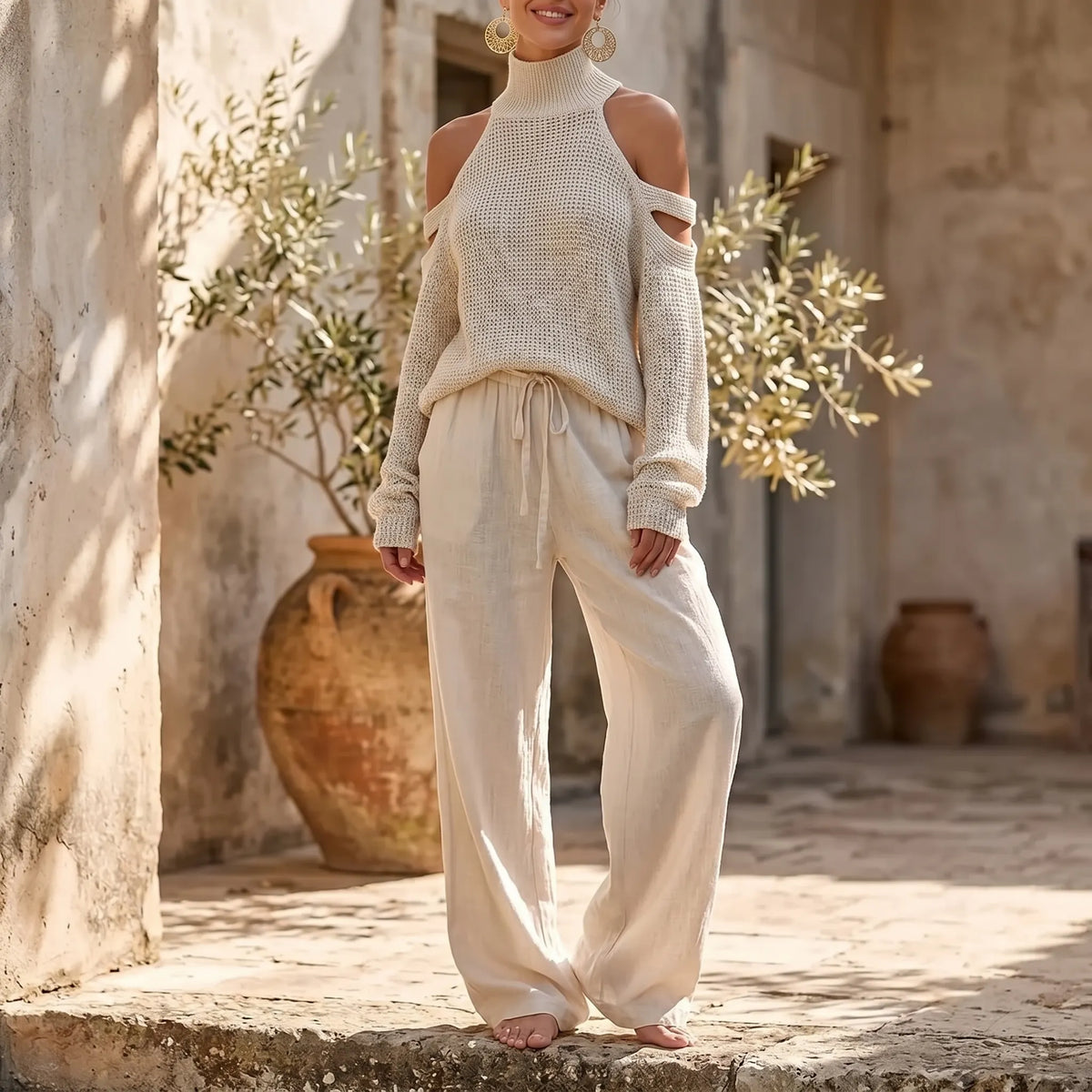 Alessia – Women's Cold-Shoulder Knit & Wide-Leg Set