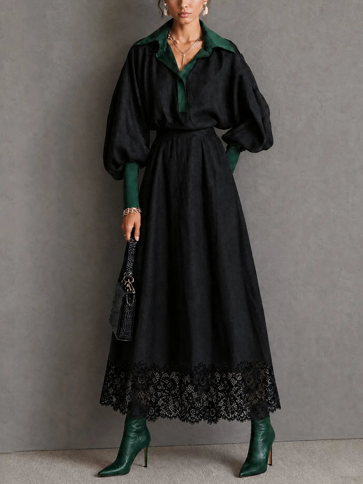 Contrast Collar Puff Sleeve Lace Hem Maxi Dress Set